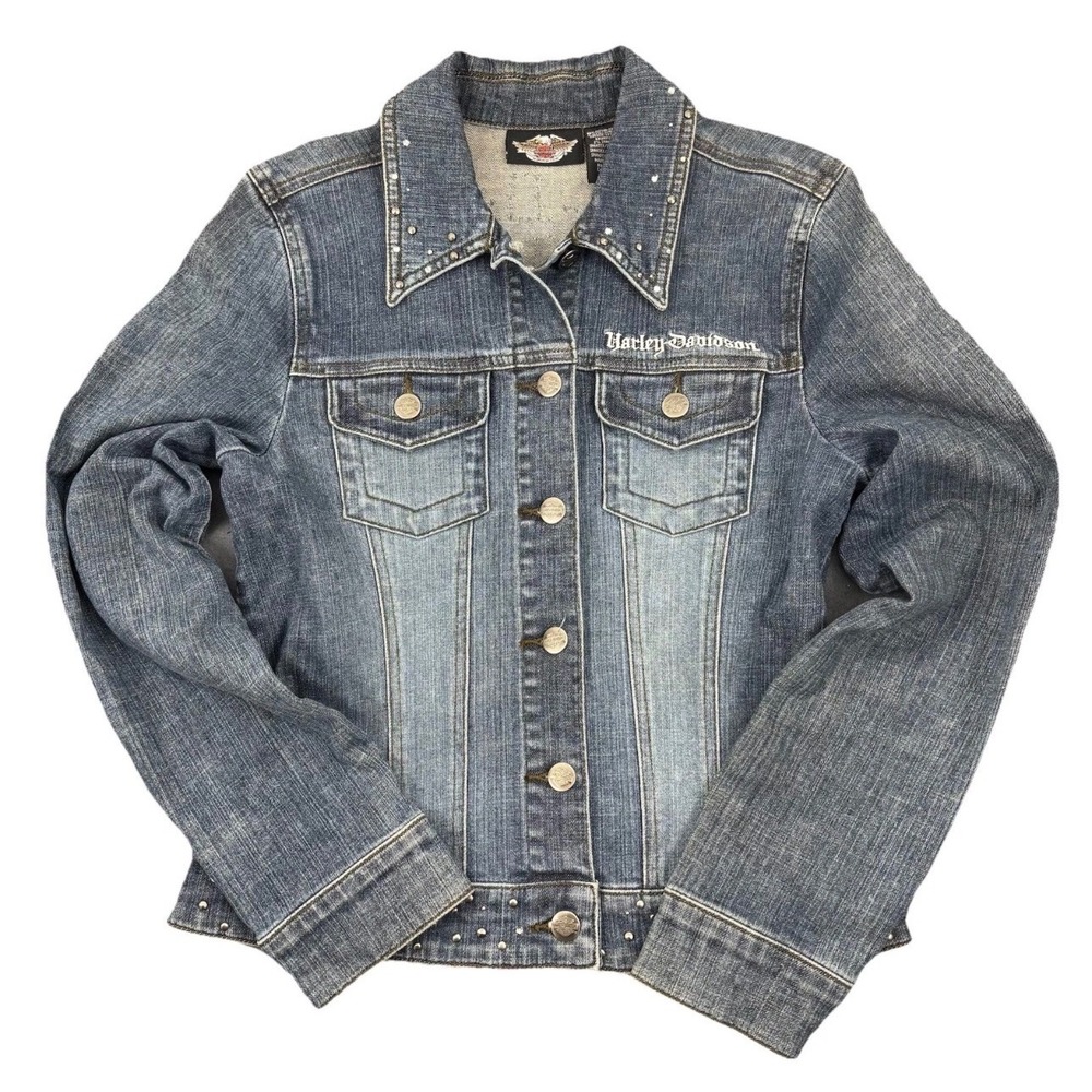 Harley Davidson Denim Jacket Womens XS Blue Rhinestone Studded Eagle Embroidered